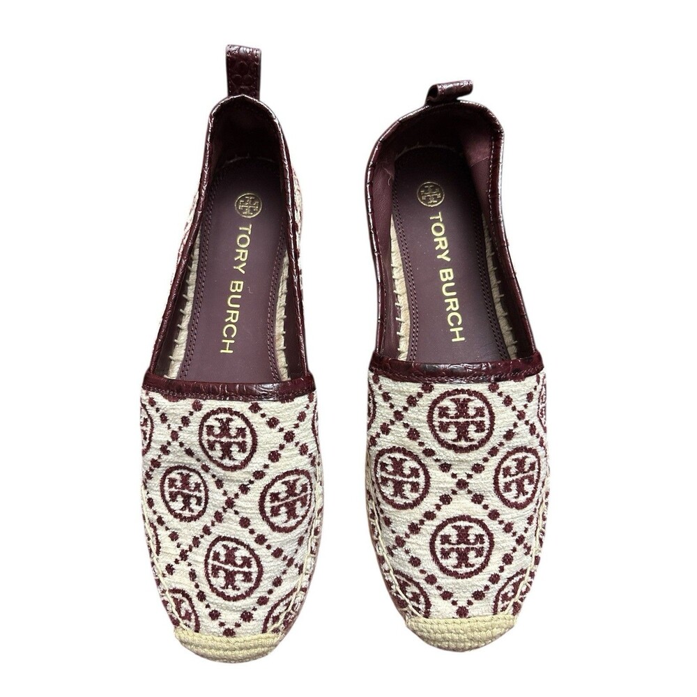 Tory Burch T Monogram Soft Croco Embossed Flatform Espadrille Shoe Sz 8.5  $298